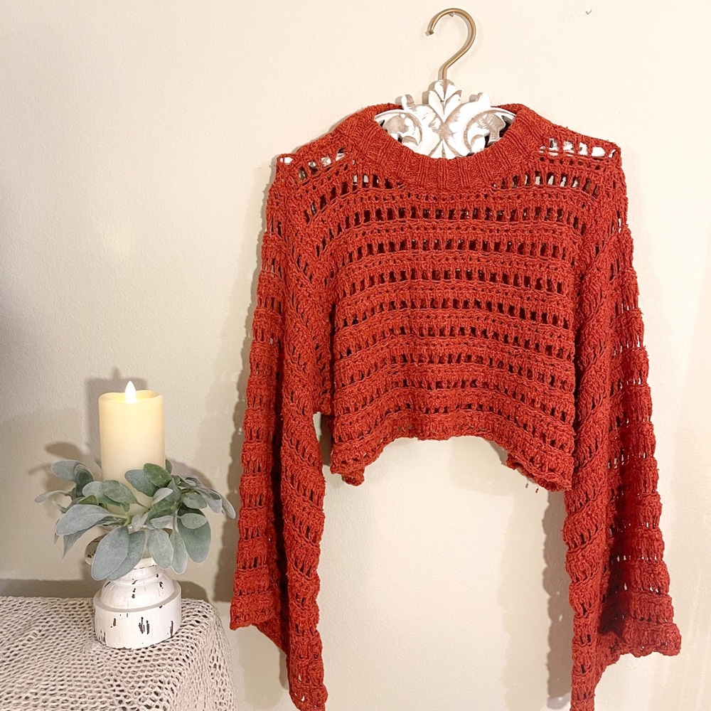 NWOT Free People Caught Up Bell-Sleeve Crochet Sweater